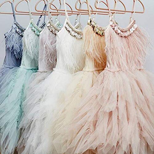 Kids Girls Spaghetti Strap Lace Feather Fringes Tutu Tulle Swan
