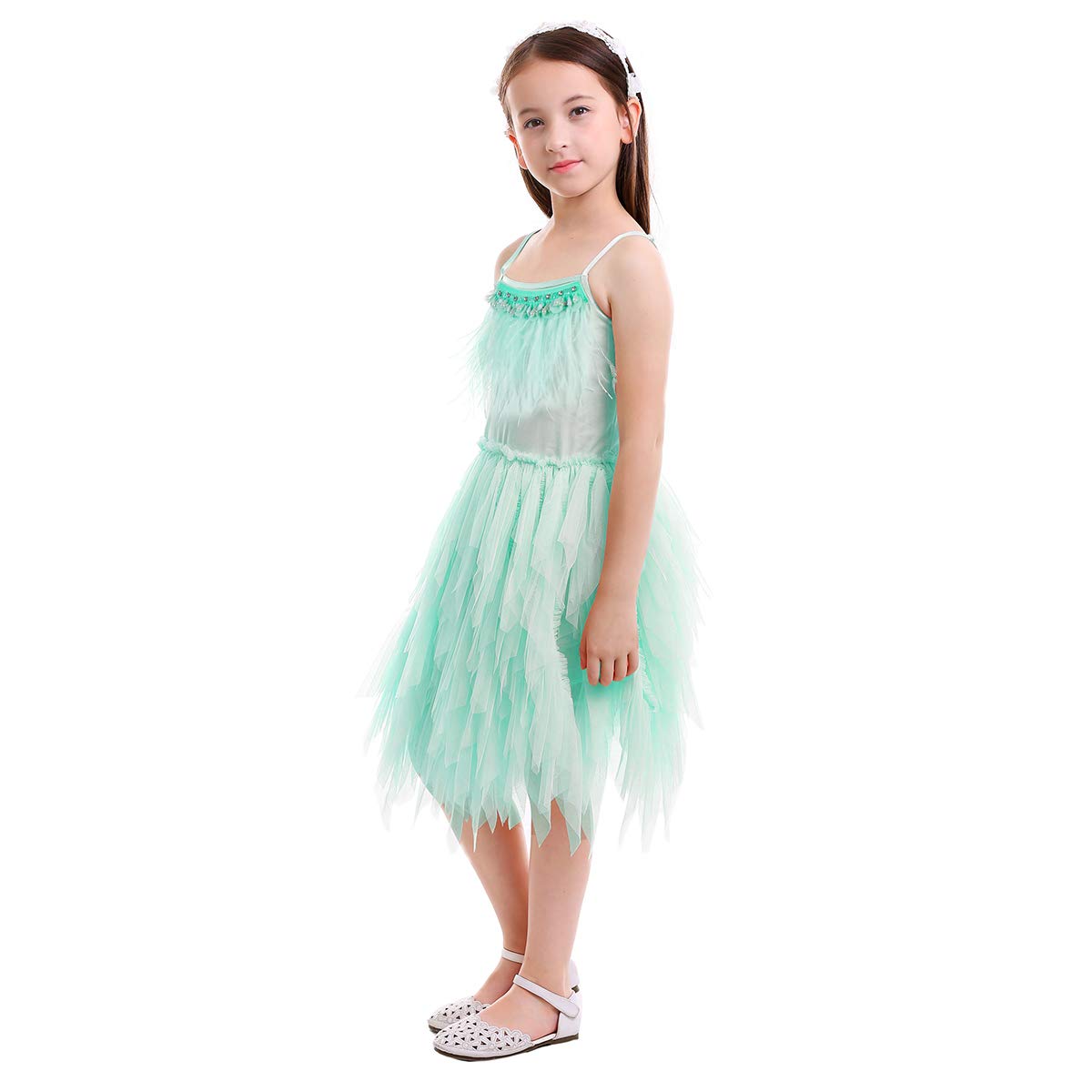Kids Girls Spaghetti Strap Lace Feather Fringes Tutu Tulle Swan