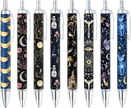 8PC Witchy Pens Dark Cat Butterfly Floral Moon Potion Spooky Magic