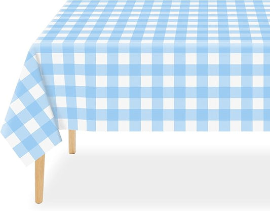 QIKSION Light Blue Gingham Tablecloth Disposable 12 Pack, 54 x 108