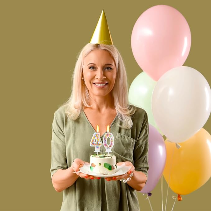 40th Birthday Candle for Cake, Colorful Macaron Numeral Candles for Wo
