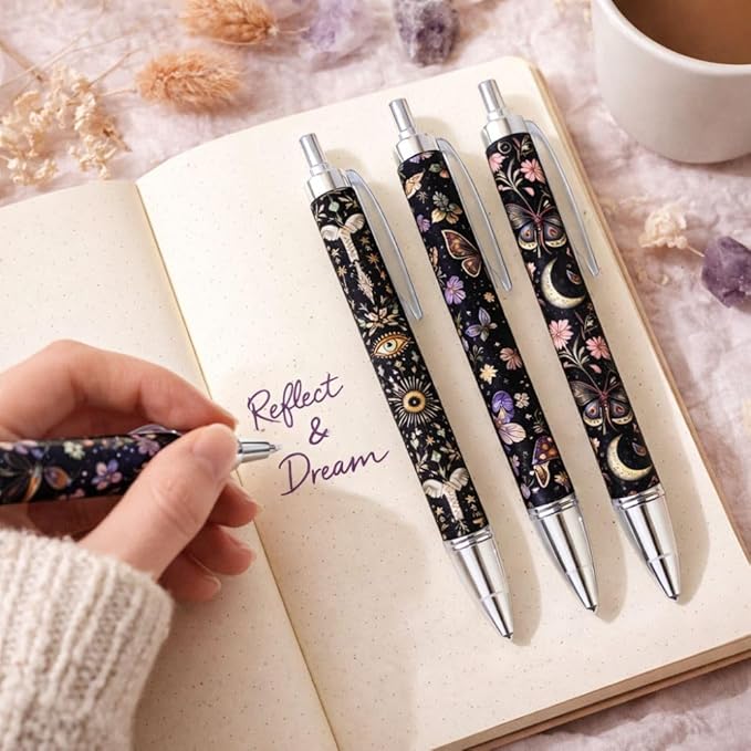 8PC Witchy Pens Dark Cat Butterfly Floral Moon Potion Spooky Magic