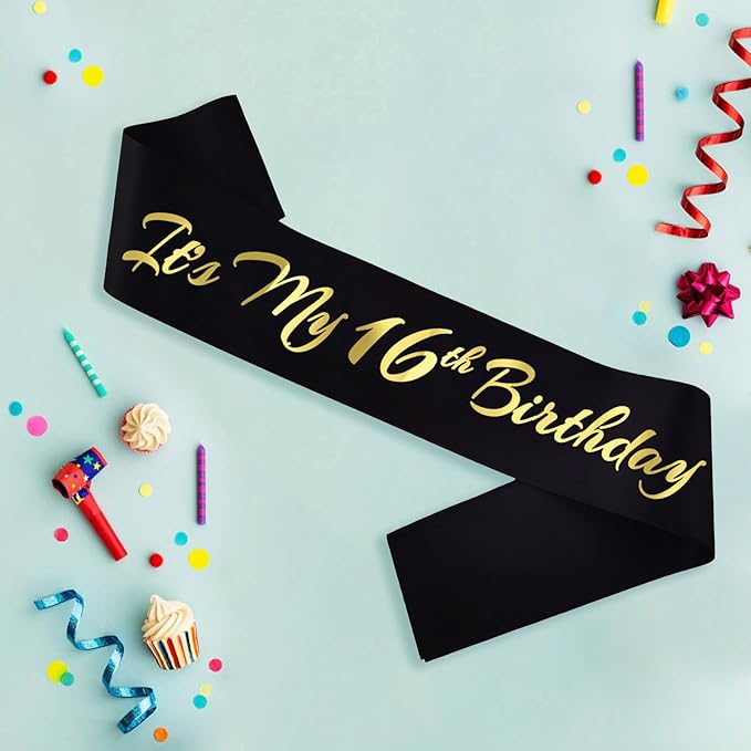 It's My 16th Birthday Sash, Black Gold Birthday Sash for 16th Bday