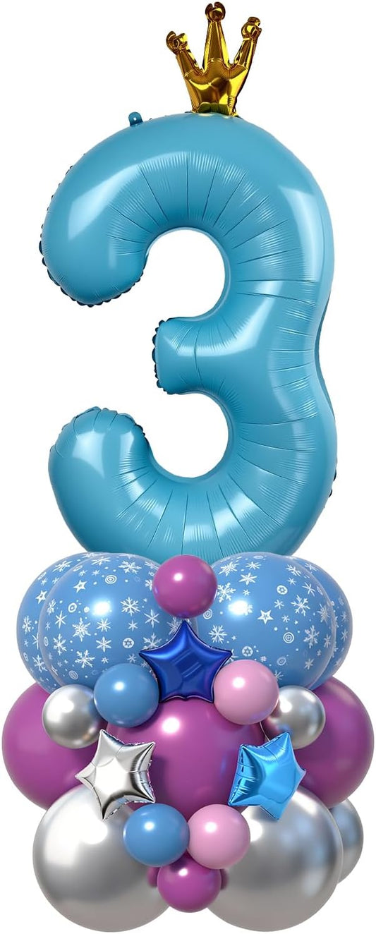 40 Inch Blue Number 3 Balloon Tower Set Winter Ice Princess Theme
