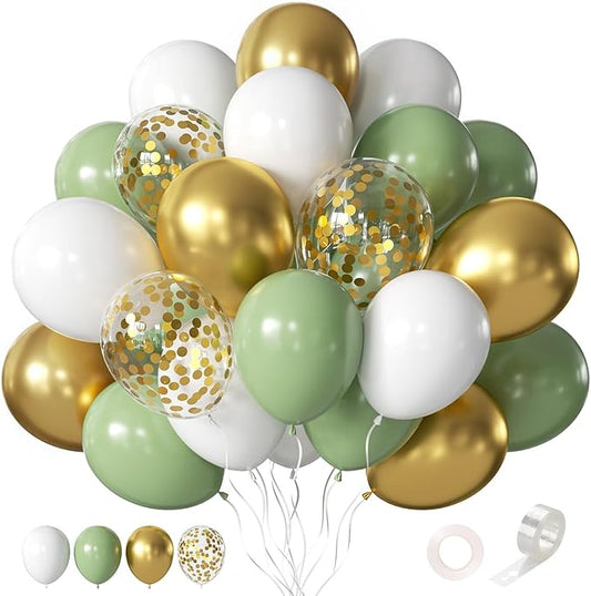 Sage Green Balloons, 60pcs 12inch Sage Green White Metallic Gold