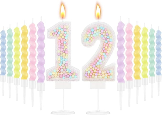 MTLEE Number 12 Birthday Candle with 12 Pcs Spiral Candles for Girls
