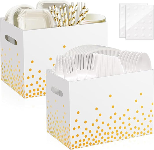 2PCS White and Gold Utensil Holder Paper Utensil Caddy for Engagement