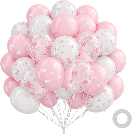 60pcs Pink Bow Balloons 12inch with Pink White Clear Bow Balloons for