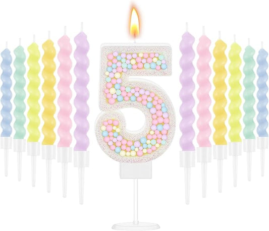 MTLEE Number 5 Birthday Candle with 12 Pcs Spiral Candles for Girls Ma