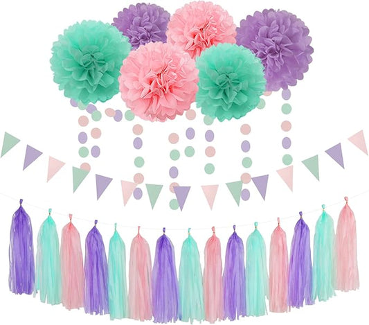 Pink Purple Mint Mermaid Ocean Themed Party Decorations 23pcs Tissue