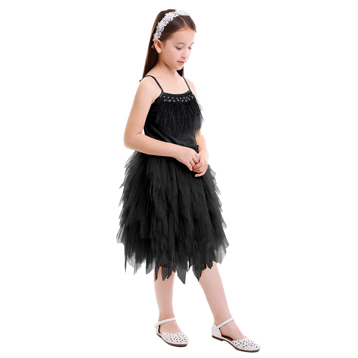 Kids Girls Spaghetti Strap Lace Feather Fringes Tutu Tulle Swan