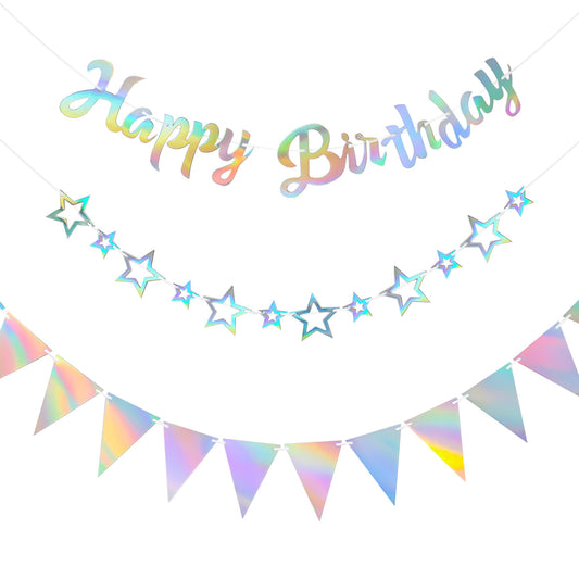 CANREVEL 3 PCS Iridescent Happy Birthday Banners, Hanging Star Garland
