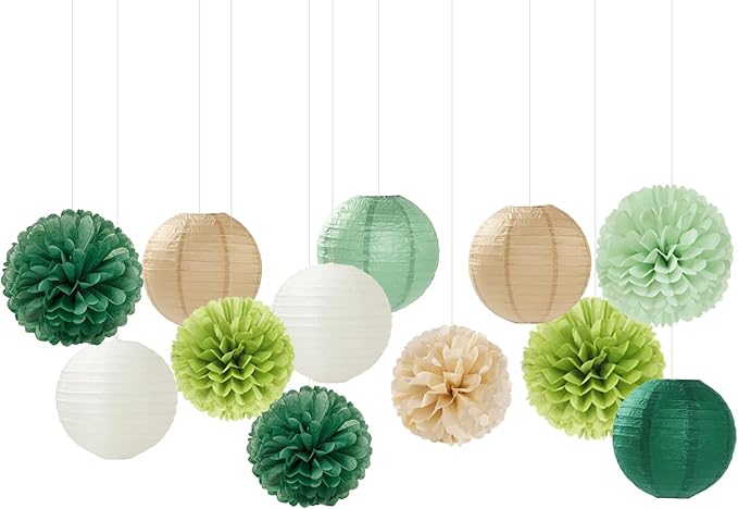 Sage Green Boho Party Decorations Paper Flowers Lanterns 15PCS