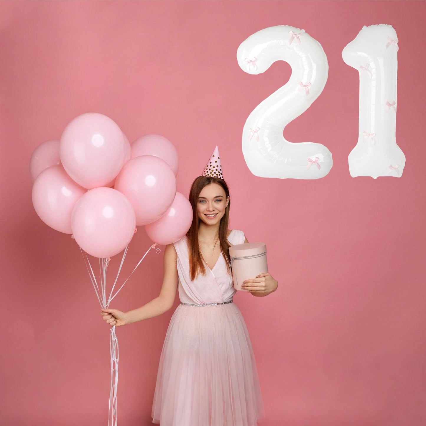 40 Inch White Number Balloons with Pink Bow Coquette Birthday White