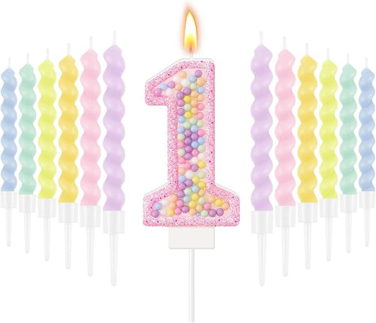 MTLEE Number 1 Birthday Candle with 12 Pcs Spiral Candles for Girls