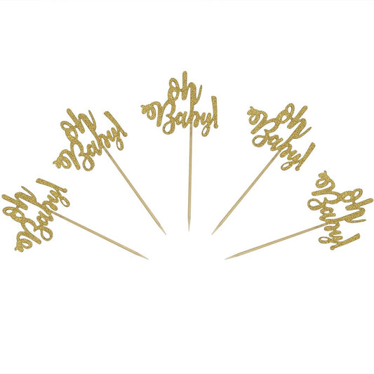 24 Gold Glitter Cake Cupcake Toppers Picks for Wedding Birthday Baby