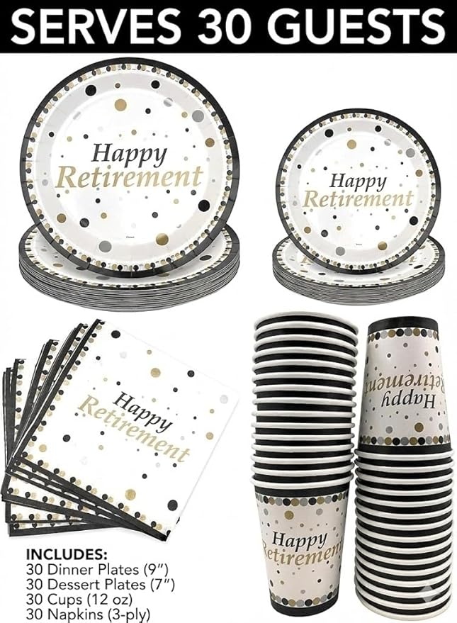 Serves 30 Happy Retirement Complete Party Pack 9 Dinner Paper Plates