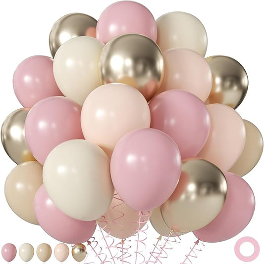 Dusty Pink Nude Gold Balloons, 60Pcs 12Inch Pink Sand White Nude Gold