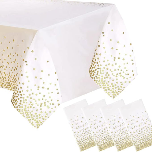 4 Packaging White and Gold Plastic Tablecloth, 54 inch x108 inch