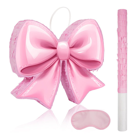 Pink Bow Piñata - Watercolor Small Pink Bow Piñata with Blindfold and