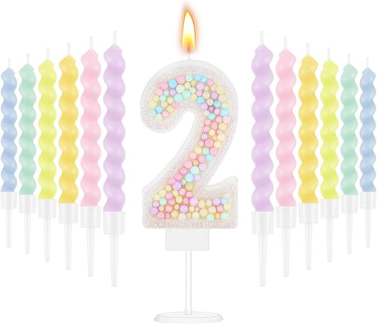 MTLEE Number 2 Birthday Candle with 12 Pcs Spiral Candles for Girls