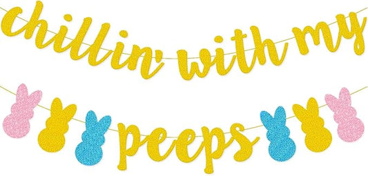 Easter Bunny Decorations Chillin with my Peeps Banner Gold Glitter