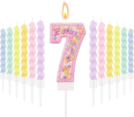 MTLEE Number 7 Birthday Candle with 12 Pcs Spiral Candles for Girls