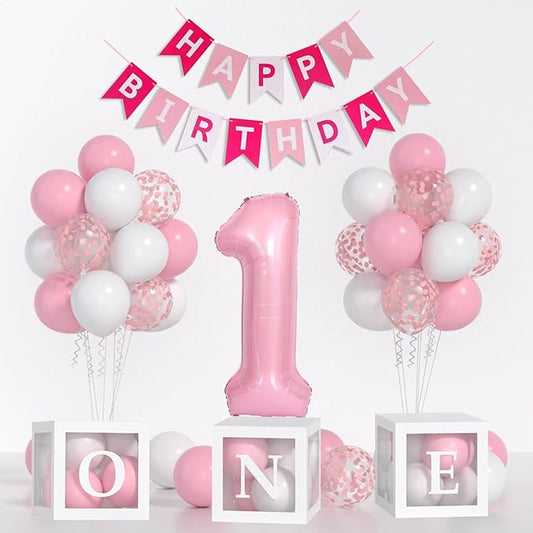 Baby Girl First Birthday Decorations Pastel Pink White Balloons 40