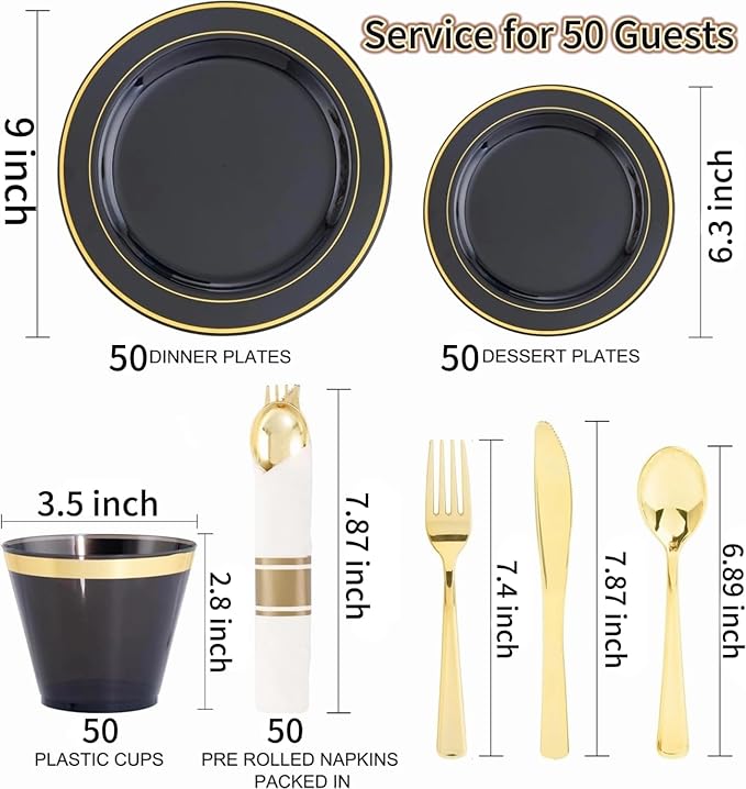 350 Pieces Black and Gold Plastic Plates with Disposable Silverware,