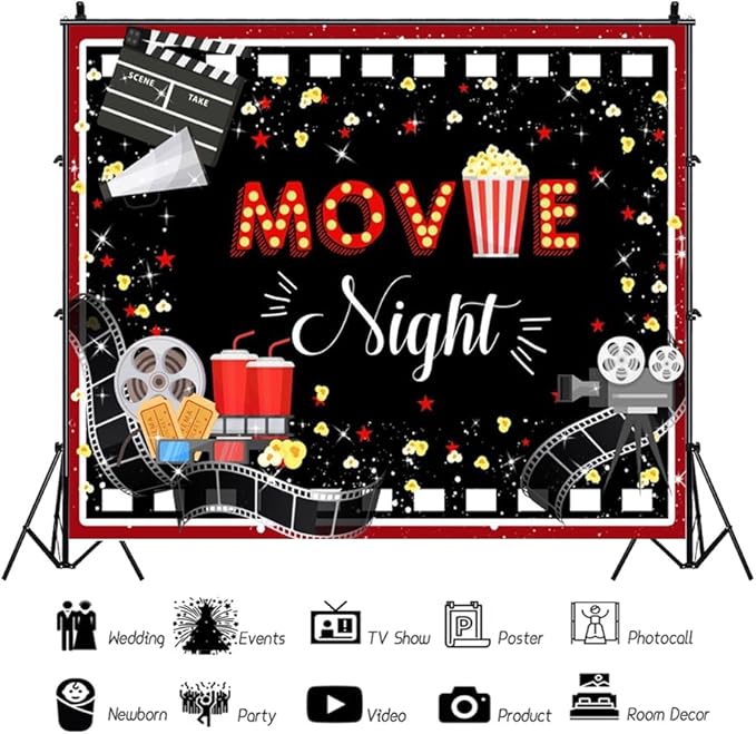 Movie Night Decorations Backdrop Cinema Movie Night Supplies 10x8ft