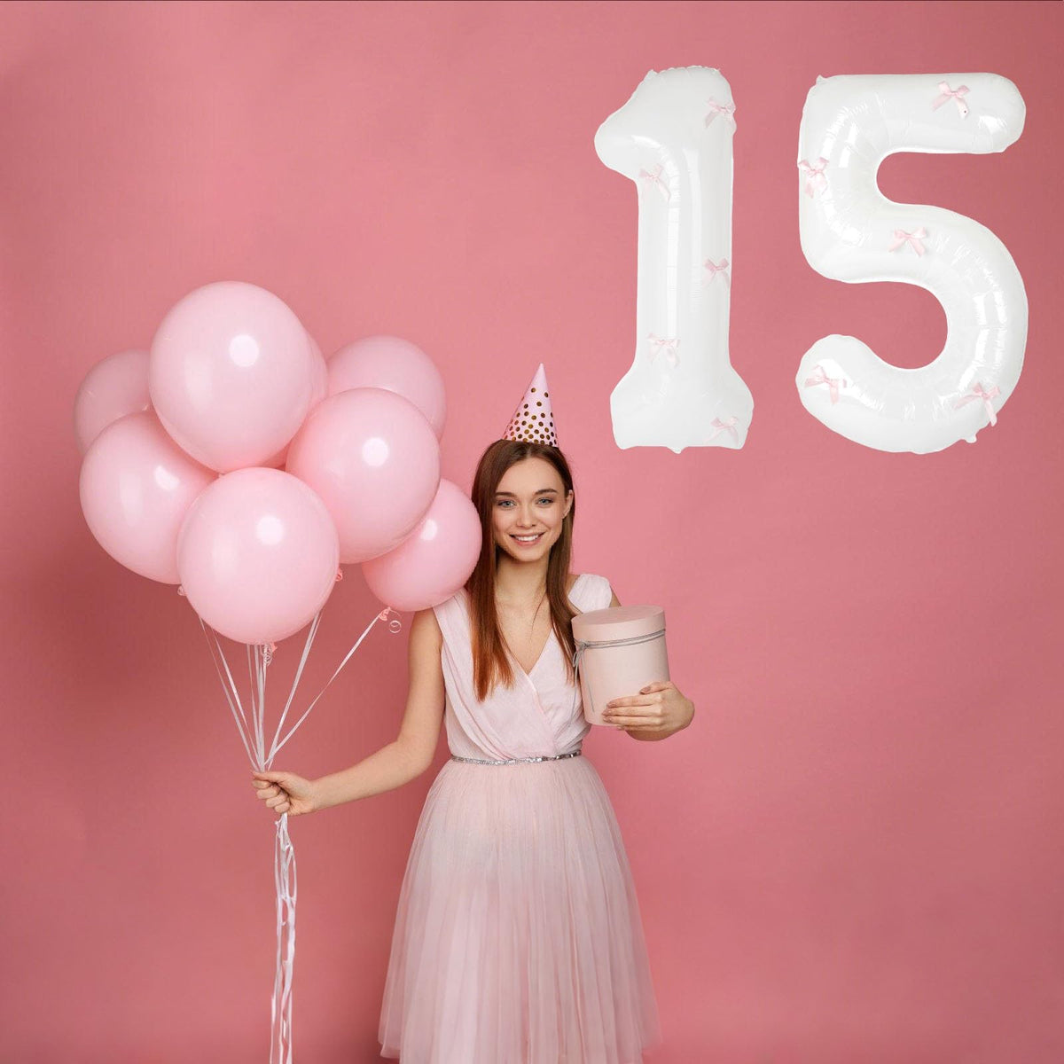 40 Inch White Number Balloons with Pink Bow Coquette Birthday