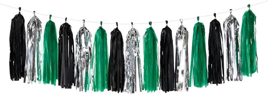 Black Green Silver Tassel Garland - 15pcs Soccer Party Supplies