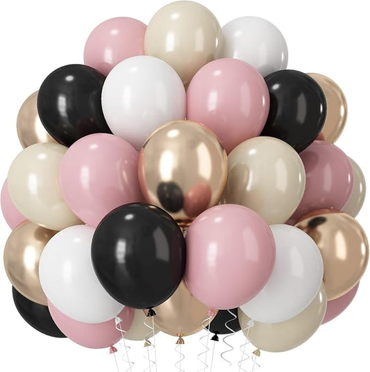 60 PCS Black and Pink Balloons, Retro Dusty Pink Ivory Sand White