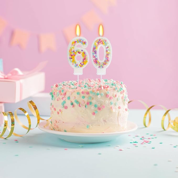 60th Birthday Candle for Cake, Colorful Macaron Numeral Candles