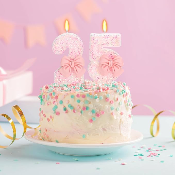 25th Birthday Number Cake Candles, Pink Bow, Modern Style, 3" Tall,
