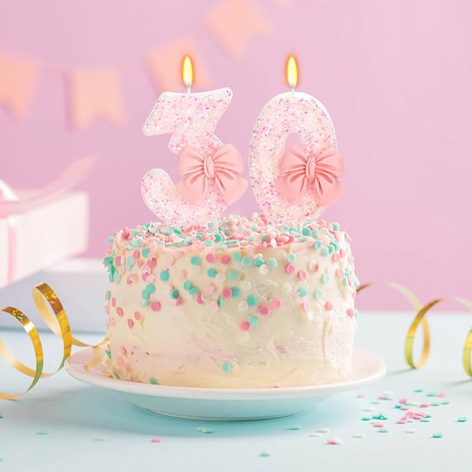 30th Birthday Candles for Cake, Pink Bow Number Cake Candles, 2.76