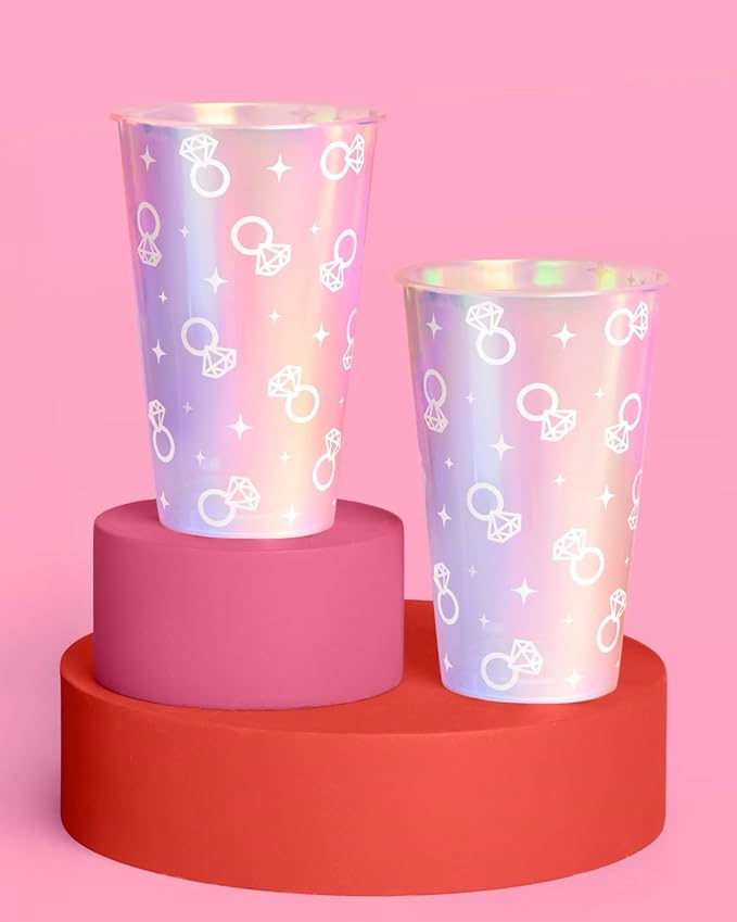 Xo Fetti Iridescent Engagement Ring Plastic Cups 16 pcs 16 oz
