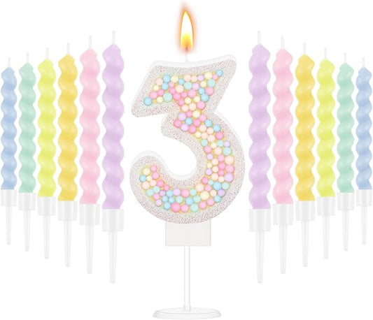 MTLEE Number 3 Birthday Candle with 12 Pcs Spiral Candles for Girls Ma