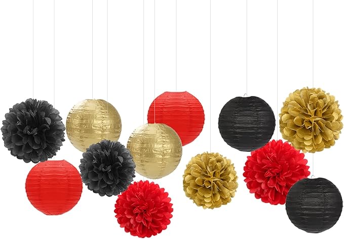 Red Black Gold Party Decorations Paper Flowers Lanterns 15PCS Casino
