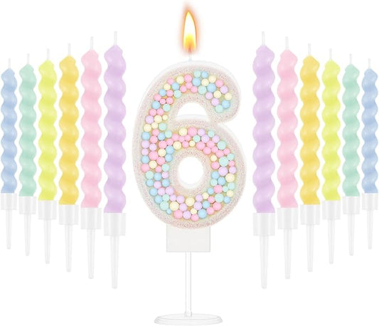 MTLEE Number 6 Birthday Candle with 12 Pcs Spiral Candles for Girls Ma