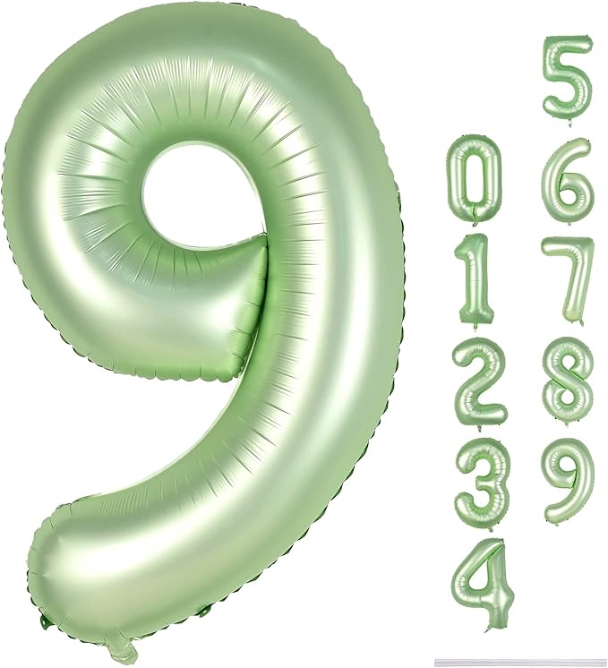 40'' Sage Green Number 9 Balloon, Self Inflating Foil Number Balloons