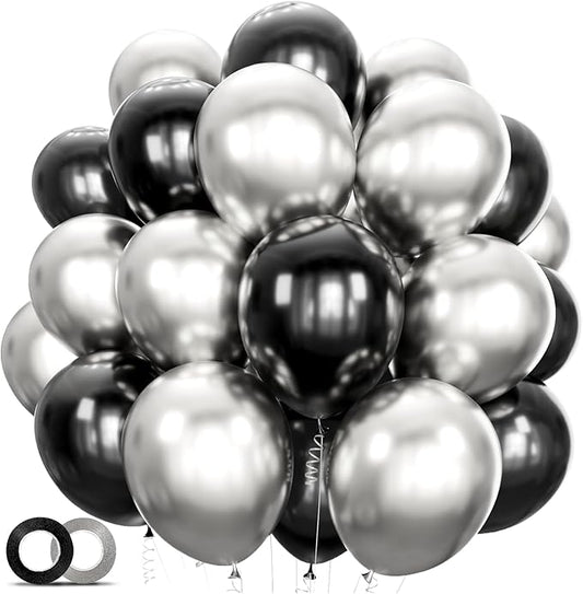 100pcs Black and Silver Balloons 12 Inch Metallic Silver and Black