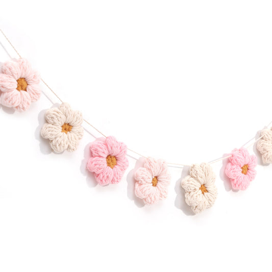 Boho Crochet Daisy Garland - Pink and Beige Yarn Floral Banner for