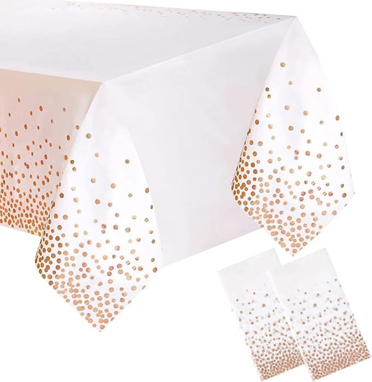 2 Packaging White and Rose Gold Plastic Tablecloth, 54 inch x108 inch
