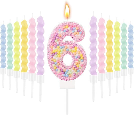 MTLEE Number 6 Birthday Candle with 12 Pcs Spiral Candles for Girls