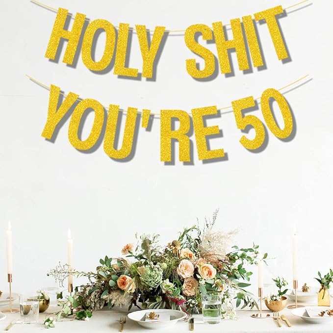 50th Birthday Decorations Banner for Women Men Pre-Strung Gold
