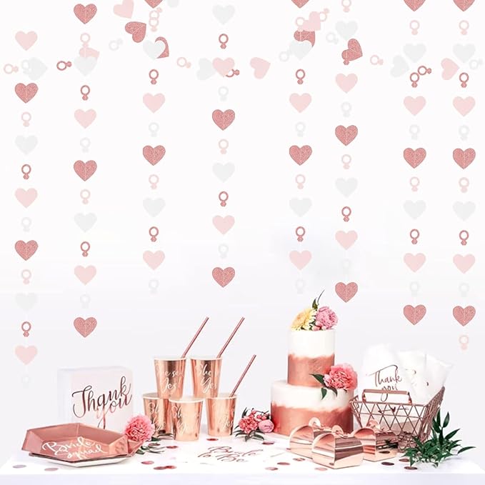 Rose-Gold Pink White Heart-Ring Garland - 52Ft Engagement
