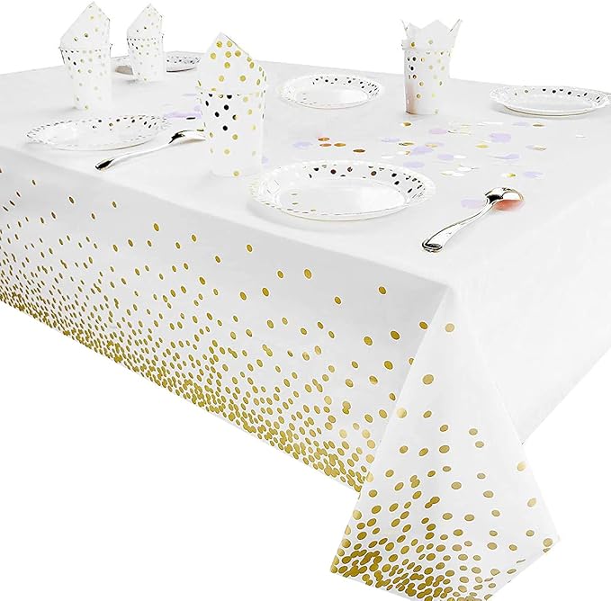 4 Packaging White and Gold Plastic Tablecloth, 54 inch x108 inch