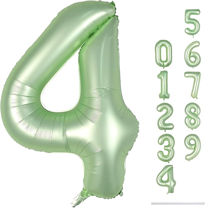 40 Inch Sage Green Foil Balloon Number 4, Large Self Inflating Olive