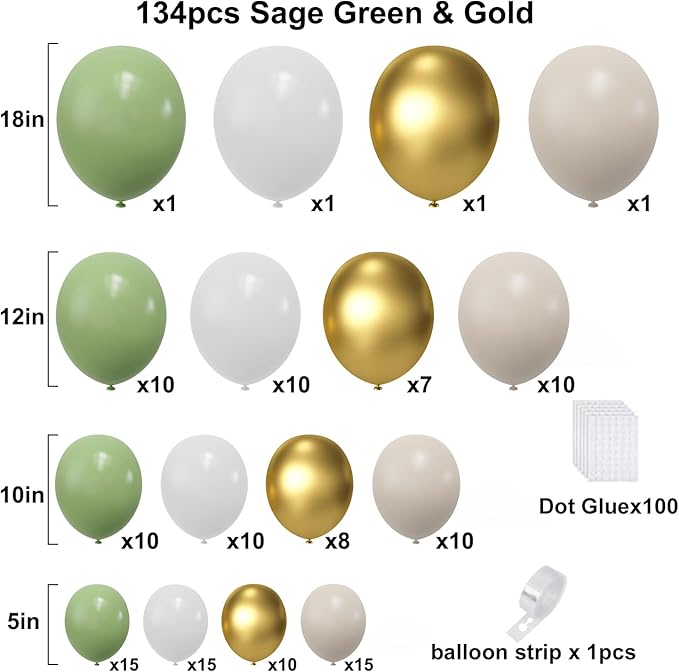 Sage Green Gold Balloons Garland Arch Kit, 134pcs Oh Baby Shower